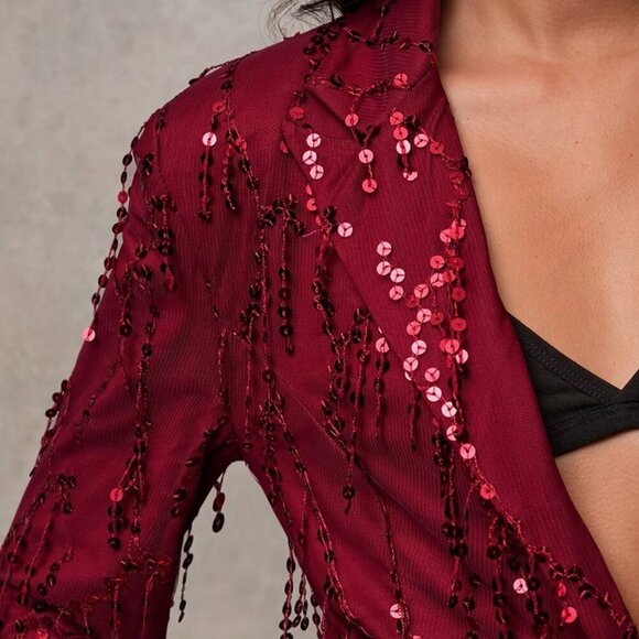 burgundy Party Women's Sequin Patchwork Lapel Neck Long Sleeve Blazer Jacket - Picture 7 of 7